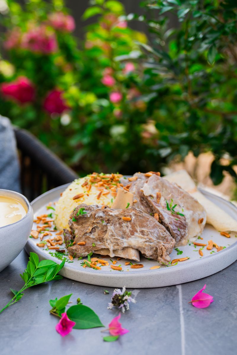 An Emirati lamb and rice dish served outdoors in Dubai