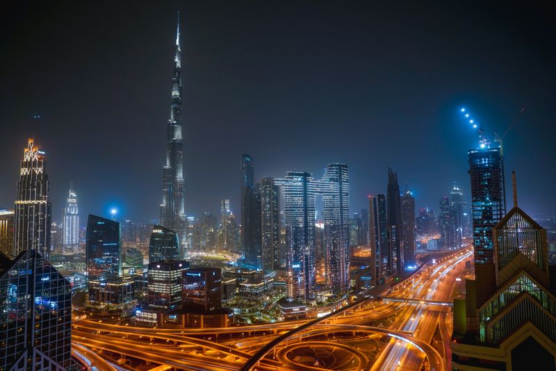 Dubai's skyline and the Burj Khalifa at night