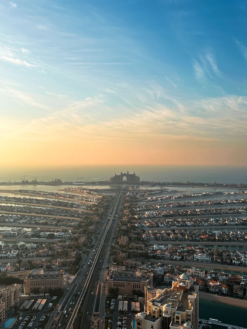Aerial view of Palm Jumeirah, Dubai, at sunset